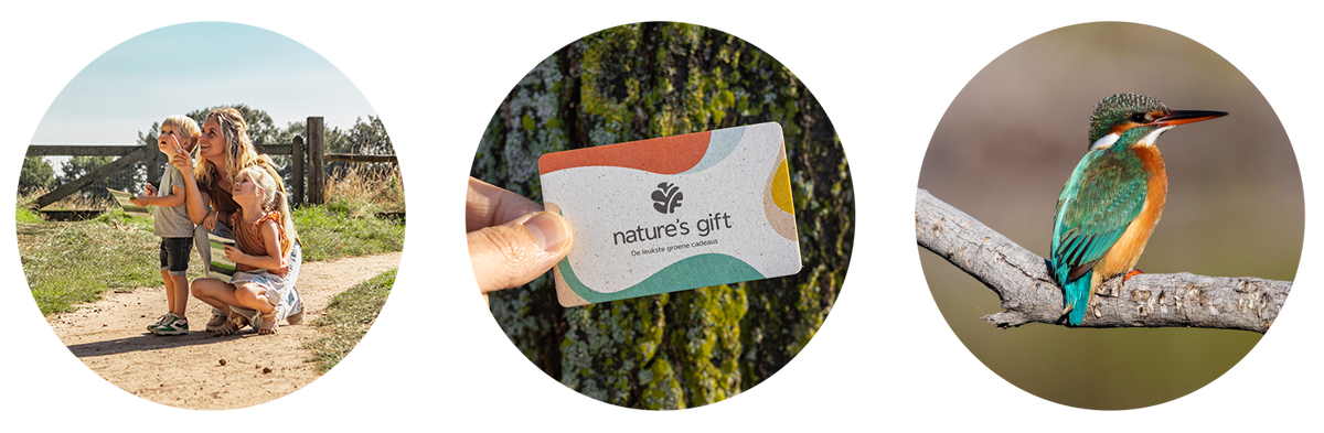 Vrouw met kind in de natuur, Nature's giftcard en vogel