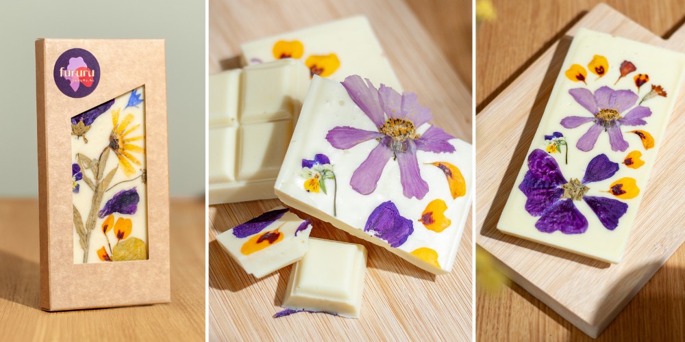 chocoladerepen met gedroogde eetbare bloemen