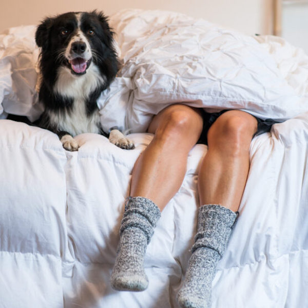 Persoon in bed met wollen sokken 
