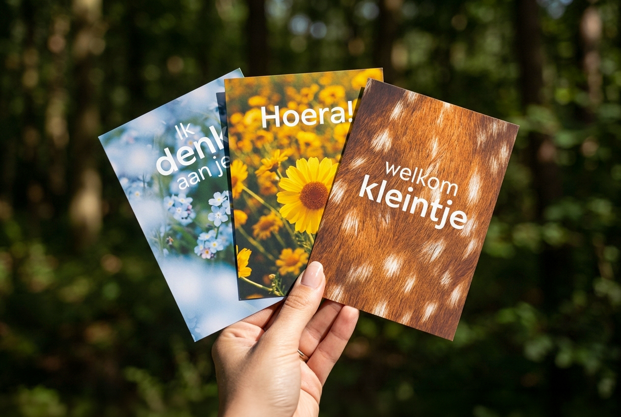 Hand met drie wenskaarten van de Nature's Gift webshop