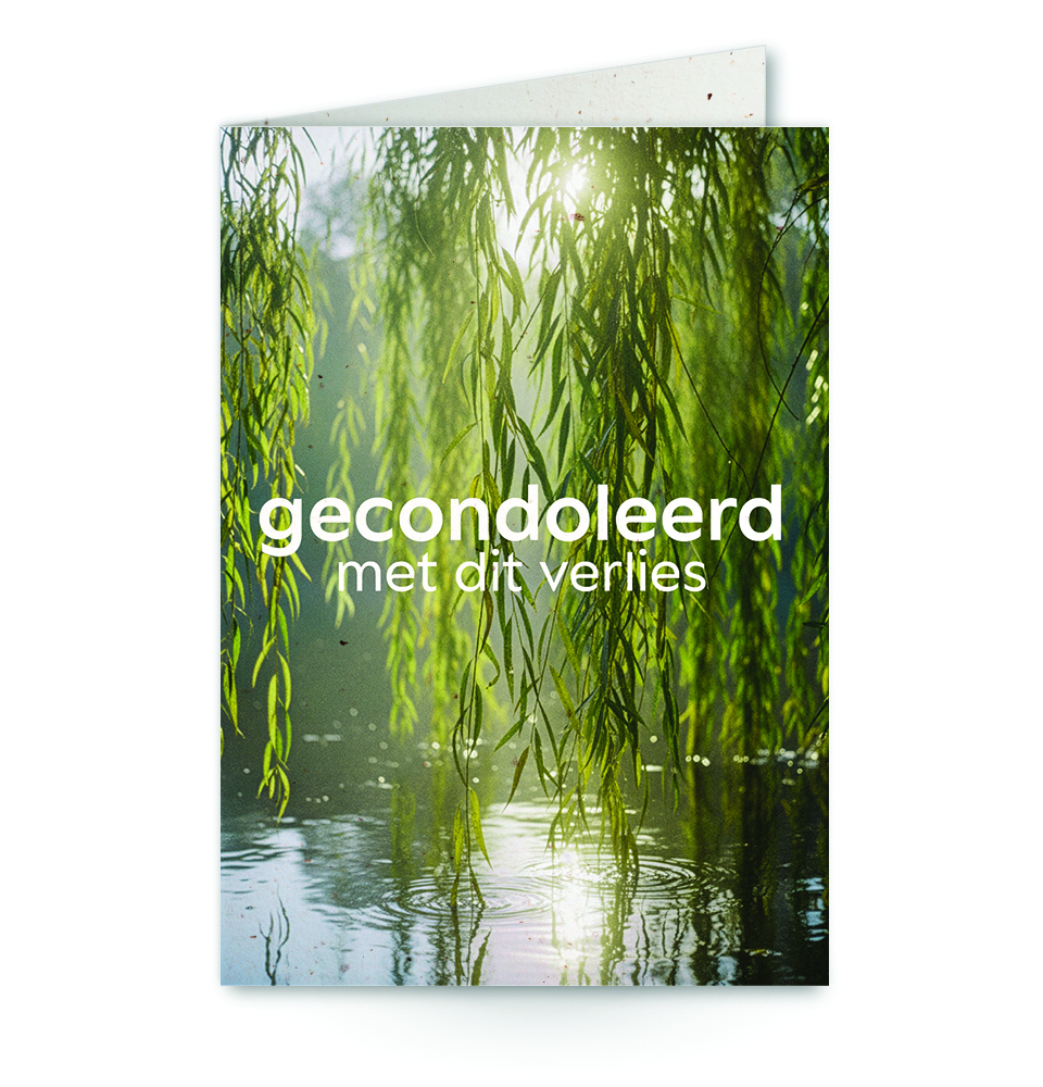 wenskaart met tekst gecondoleerd met dit verlies en treurwilg op achtergrond