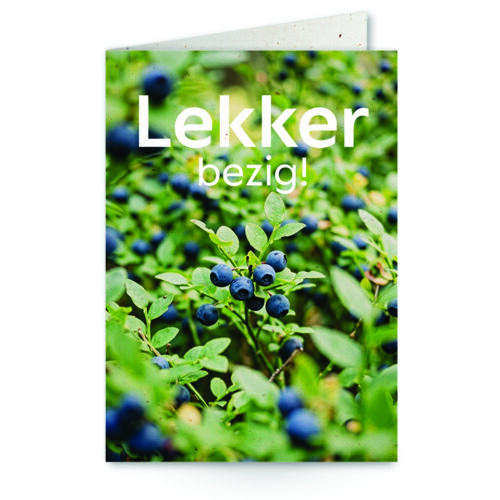 wenskaart met tekst lekker bezig! met een blauwe bessenstruik op de achtergrond
