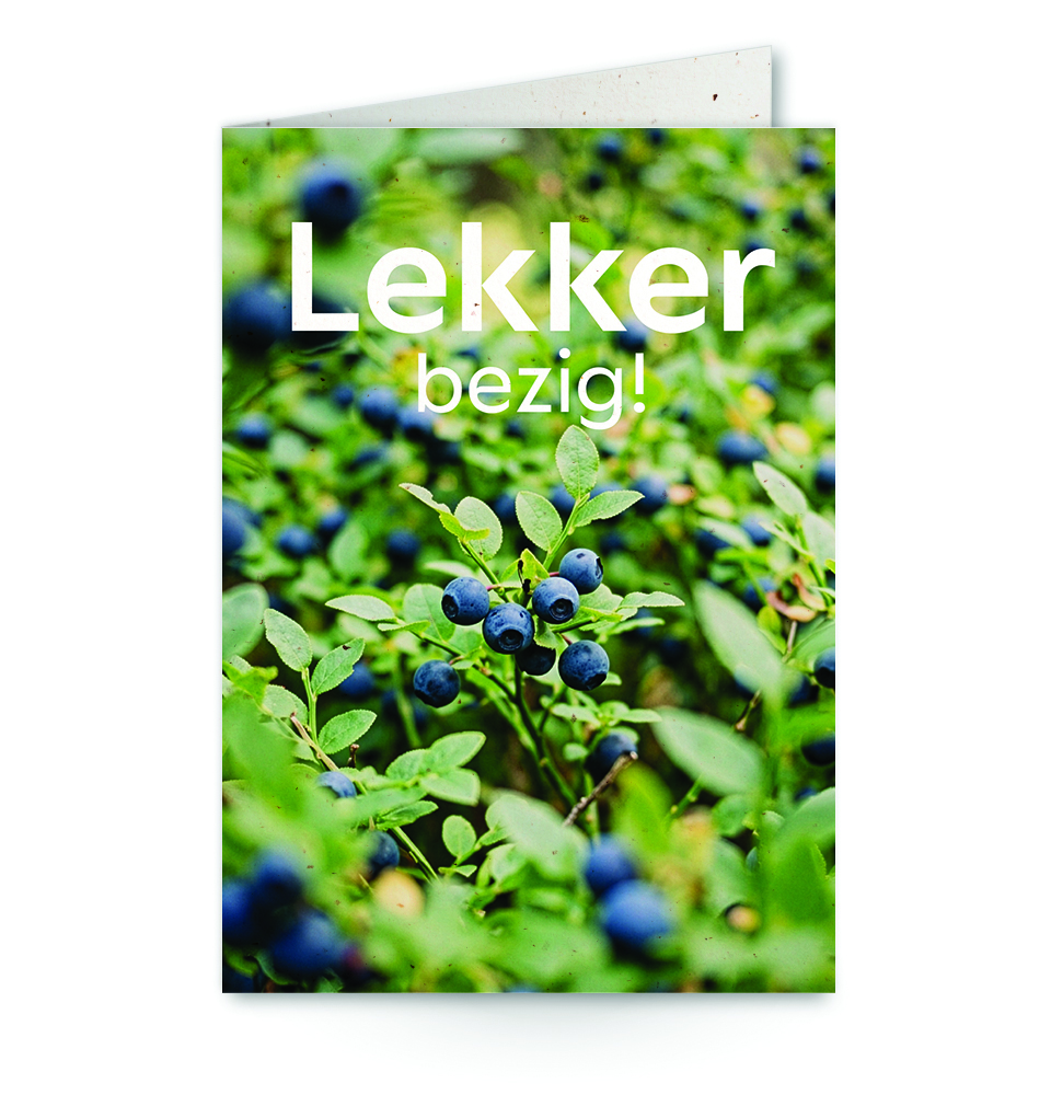 wenskaart met tekst lekker bezig! met een blauwe bessenstruik op de achtergrond