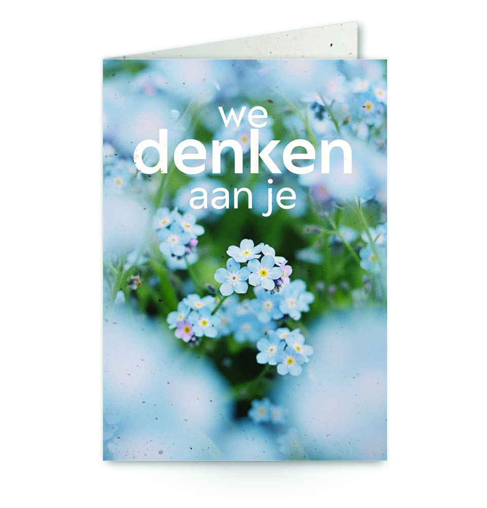 wenskaart met tekst we denken aan je met een blauwe bloemenveld op de achtergrond
